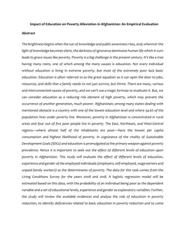 Impact of Education on Poverty Alleviation in Afghanistan: an Empirical Evaluation