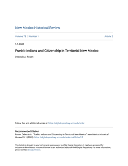 Pueblo Indians and Citizenship in Territorial New Mexico
