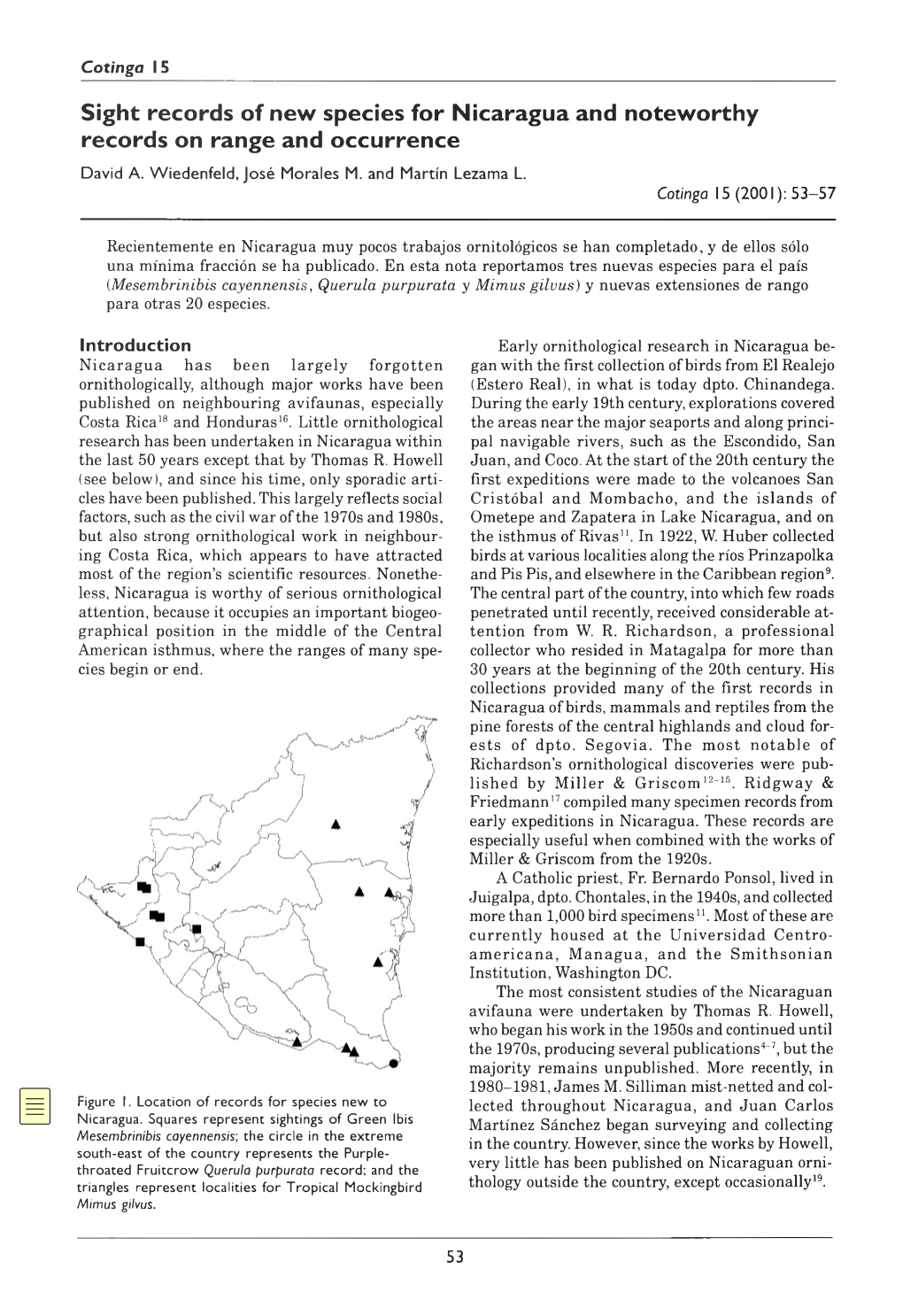 Sight Records of New Species for Nicaragua and Noteworthy Records on Range and Occurrence