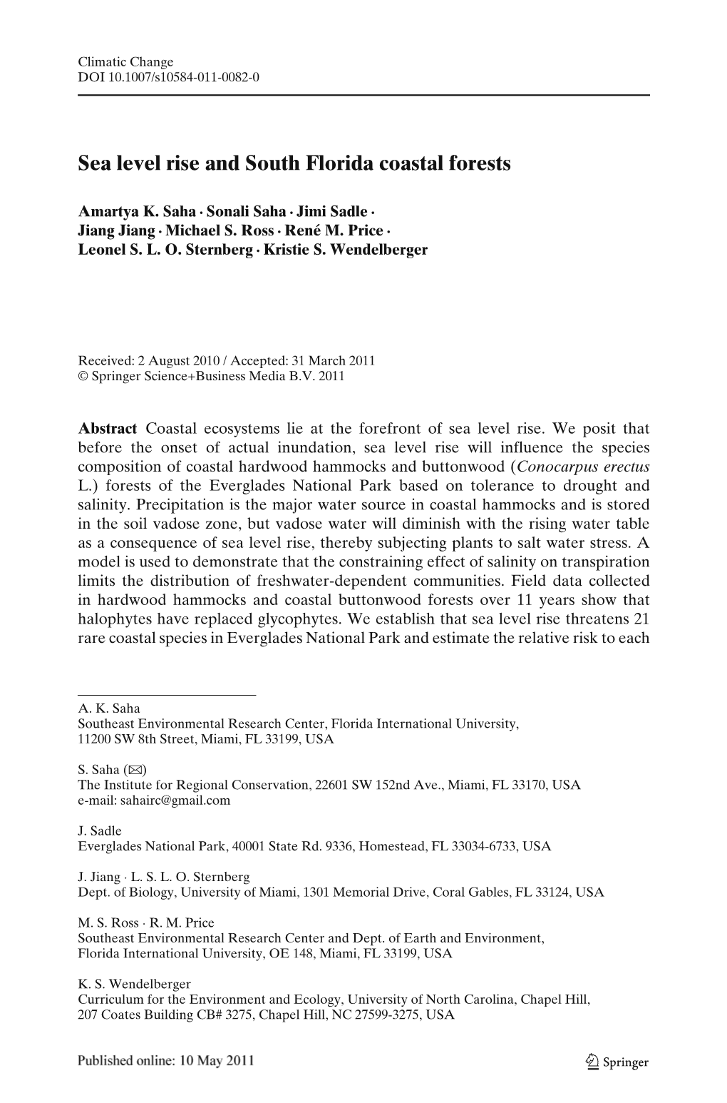 Sea Level Rise and South Florida Coastal Forests