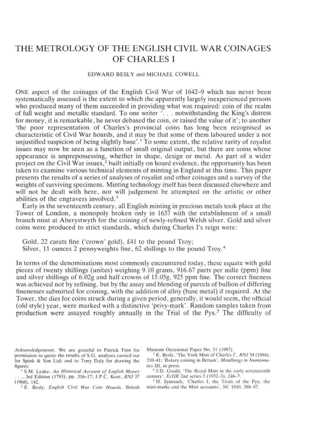 The Metrology of the English Civil War Coinages of Charles I