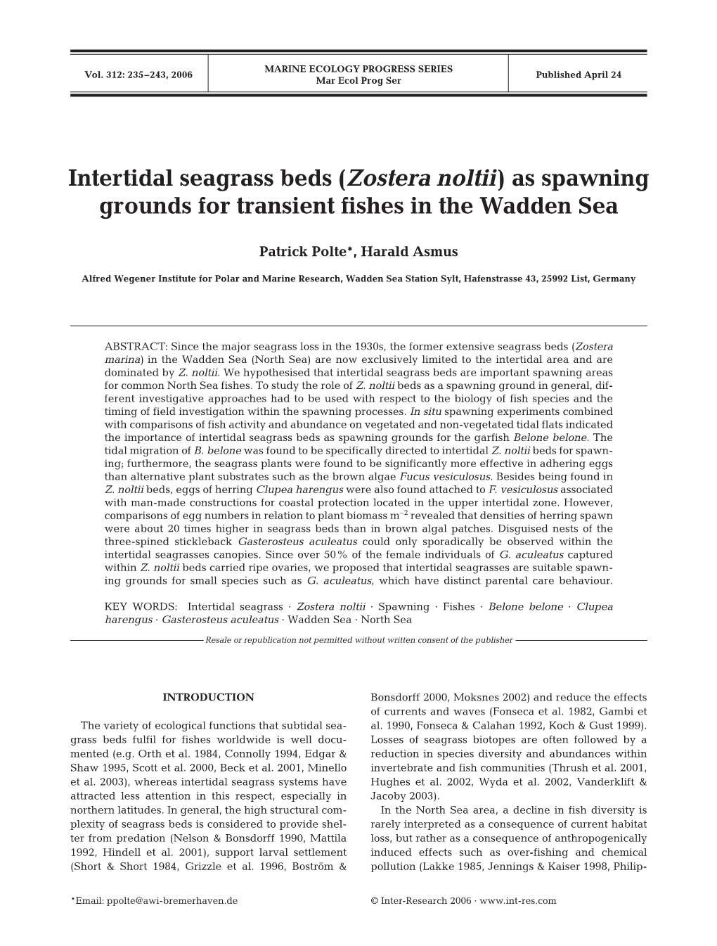 Intertidal Seagrass Beds (Zostera Noltii) As Spawning Grounds for Transient Fishes in the Wadden Sea