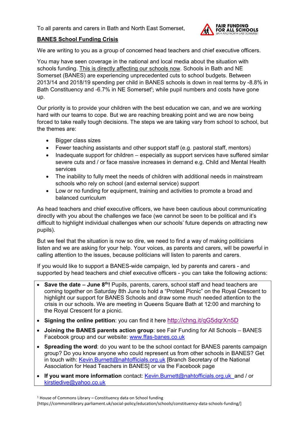 To All Parents and Carers in Bath and North East Somerset, BANES School Funding Crisis We Are Writing to You As a Group