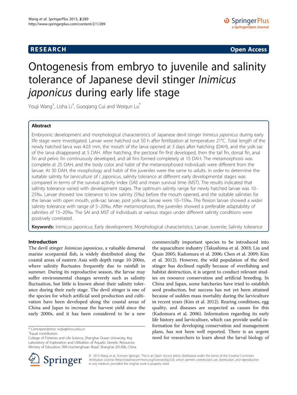 Ontogenesis from Embryo to Juvenile and Salinity Tolerance of Japanese