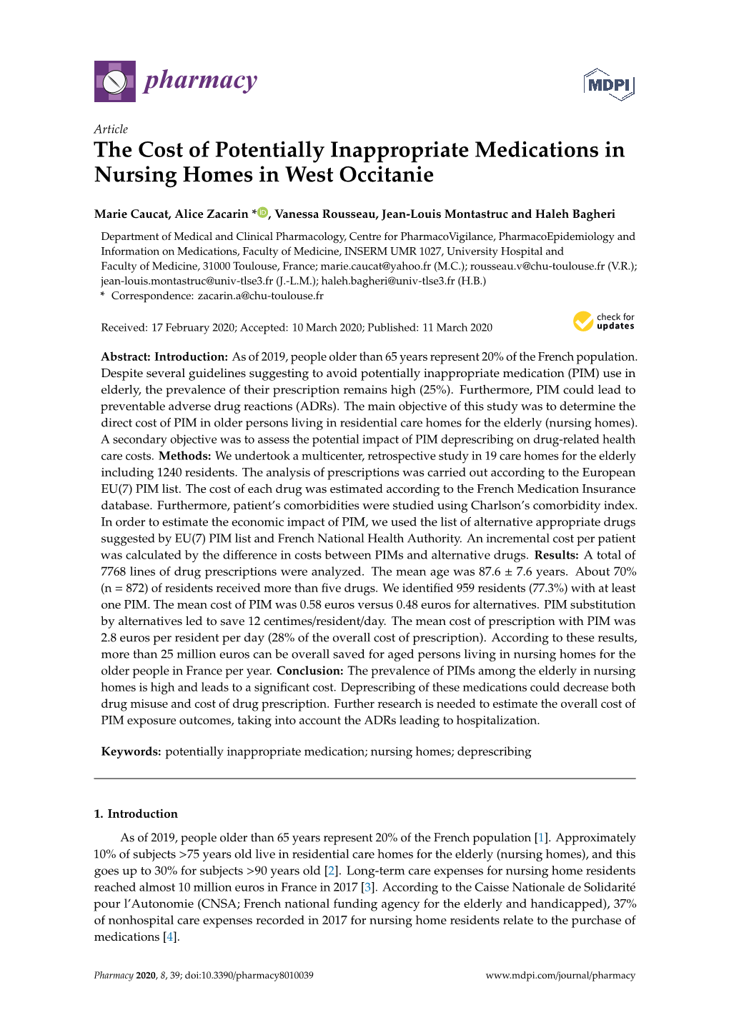 The Cost of Potentially Inappropriate Medications in Nursing Homes in West Occitanie