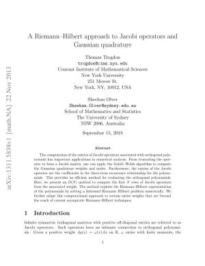 A Riemann–Hilbert Approach to Jacobi Operators and Gaussian Quadrature