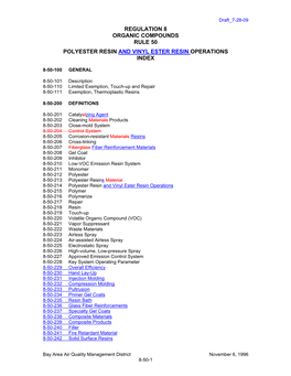 Regulation 8 Organic Compounds Rule 50 Polyester Resin and Vinyl Ester Resin Operations Index