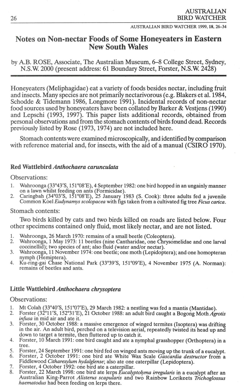 Notes on Non-Nectar Foods of Some Honeyeaters in Eastern New South Wales by A.B