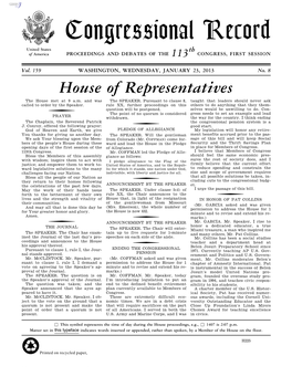 Congressional Record United States Th of America PROCEEDINGS and DEBATES of the 113 CONGRESS, FIRST SESSION