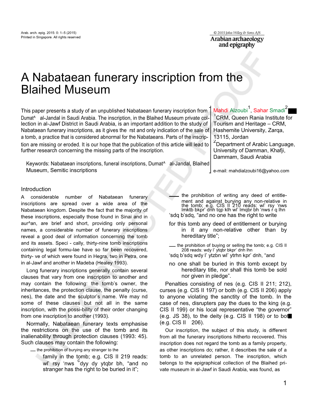 A Nabataean Funerary Inscription from the Blaihed Museum