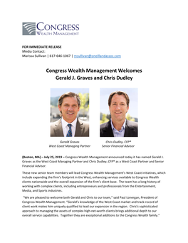 Congress Wealth Management Welcomes Gerald J. Graves and Chris Dudley