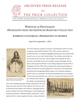 Whistler As Printmaker: Highlights from the Gertrude Kosovsky Collection