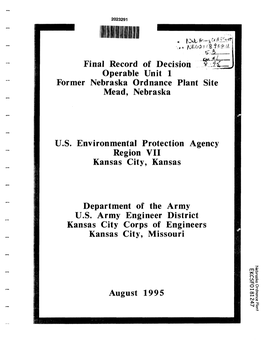 Re: Final Record of Decision OU1 Former Nebraska Ordnance Plant Site