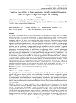 Regional Inequalities in Socio-Economic Development in Nassarawa State of Nigeria: a Spatial Analysis for Planning