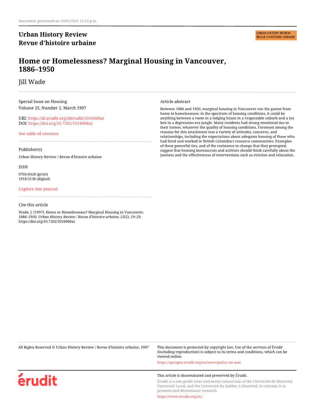 Marginal Housing in Vancouver, 1886–1950 Jill Wade
