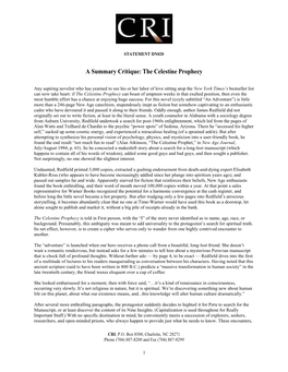 A Summary Critique: the Celestine Prophecy