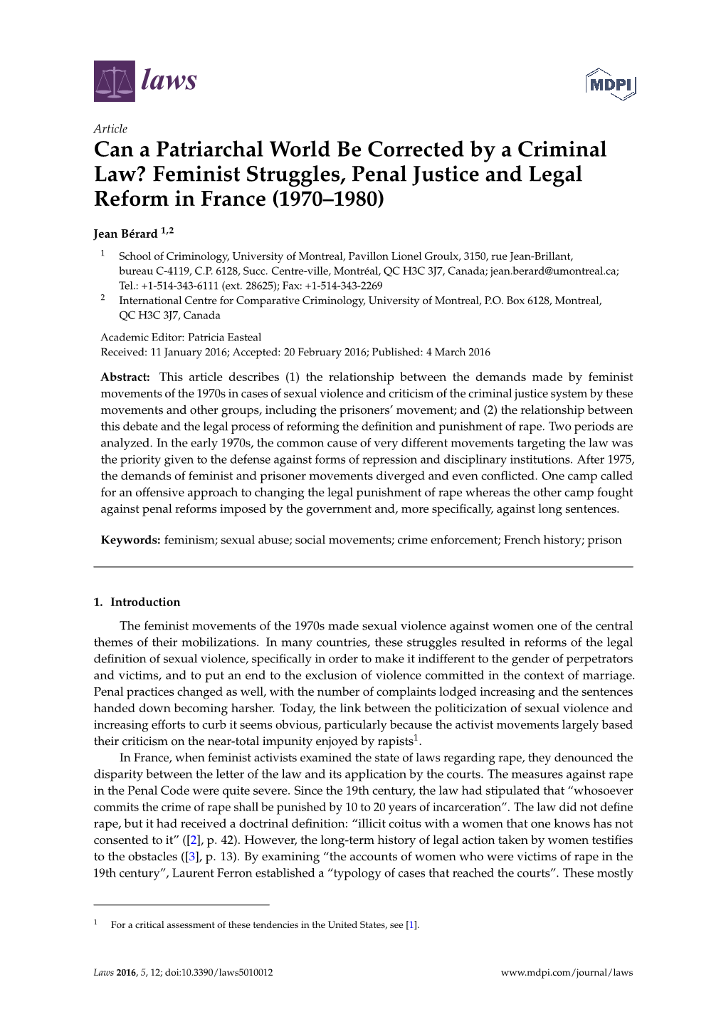 Feminist Struggles, Penal Justice and Legal Reform in France (1970–1980)