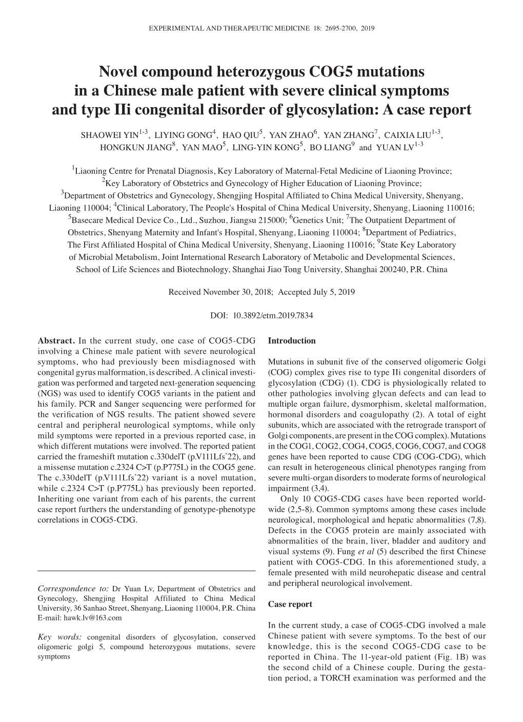 Novel Compound Heterozygous COG5 Mutations in a Chinese Male Patient with Severe Clinical Symptoms and Type Iii Congenital Disorder of Glycosylation: a Case Report