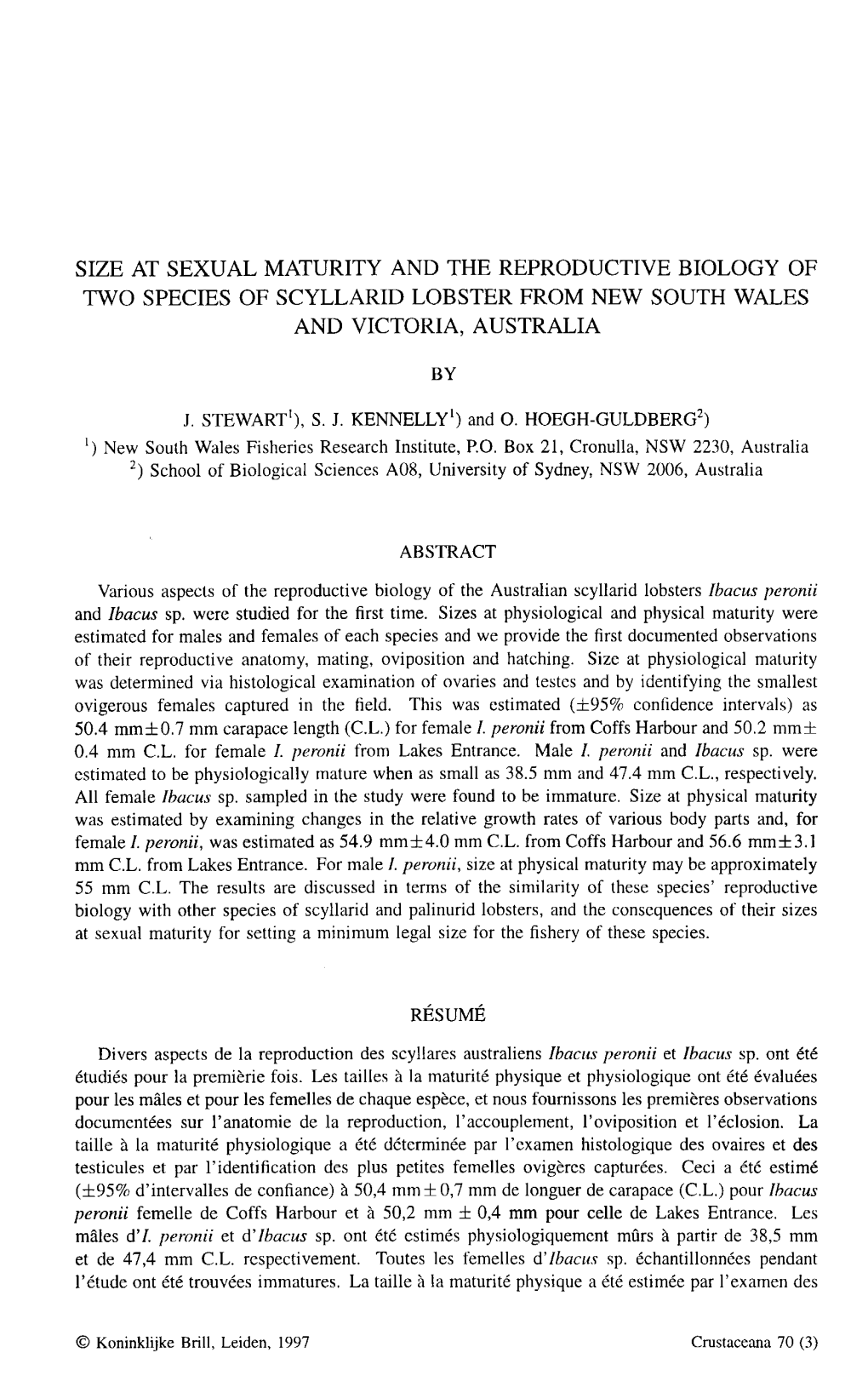 Size at Sexual Maturity and the Reproductive Biology of Two Species of Scyllarid Lobster from New South Wales and Victoria, Australia