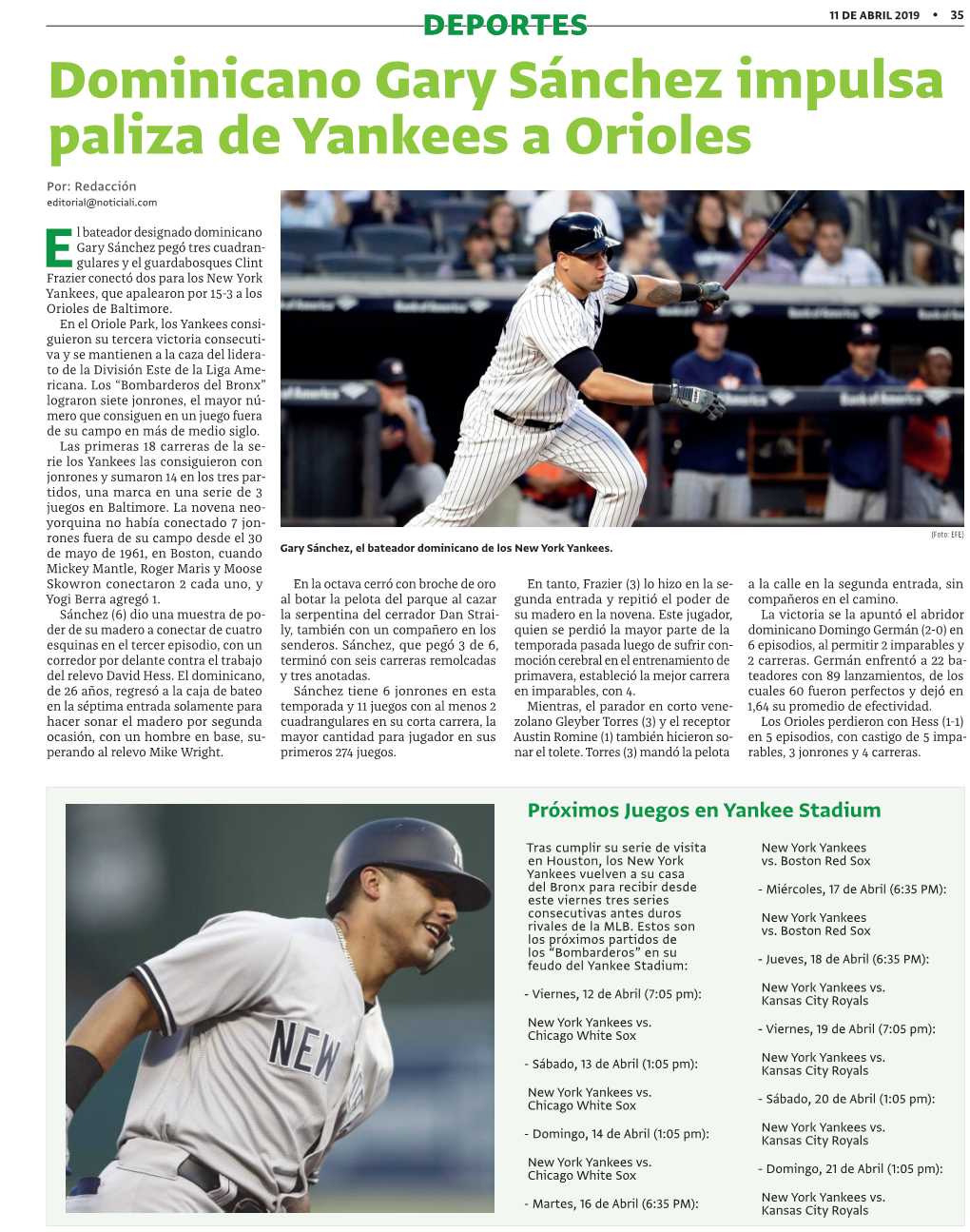 Dominicano Gary Sánchez Impulsa Paliza De Yankees a Orioles Por: Redacción Editorial@Noticiali.Com