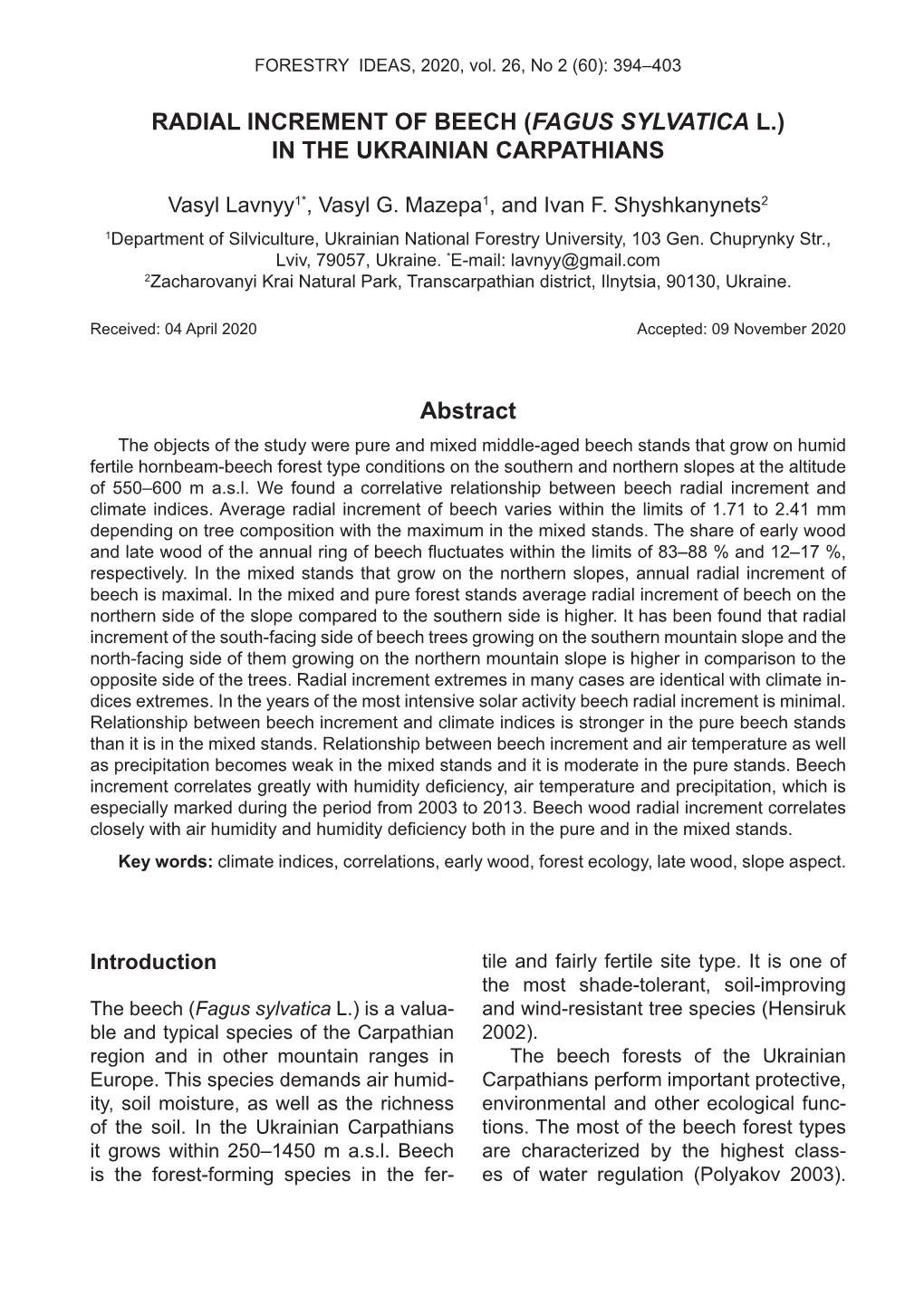 Radial Increment of Beech (Fagus Sylvatica L.) in the Ukrainian Carpathians