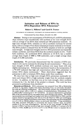 Initiation and Release of RNA by DNA-Dependent RNA Polymerase* Robert L