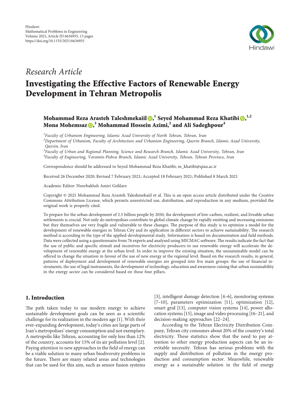 Investigating the Effective Factors of Renewable Energy Development in Tehran Metropolis