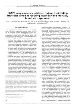 EGAPP Supplementary Evidence Review: DNA Testing Strategies Aimed at Reducing Morbidity and Mortality from Lynch Syndrome Glenn E