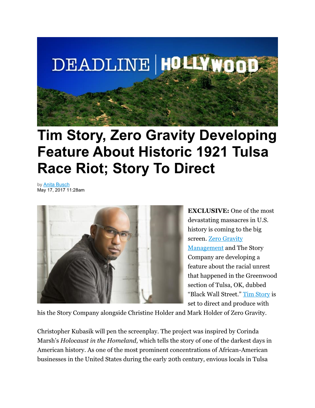 Tim Story, Zero Gravity Developing Feature About Historic 1921 Tulsa Race Riot; Story to Direct by Anita Busch May 17, 2017 11:28Am