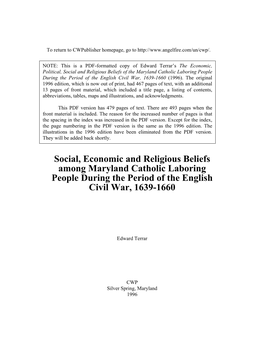 Social, Economic and Religious Beliefs Among Maryland Catholic Laboring People During the Period of the English Civil War, 1639-1660