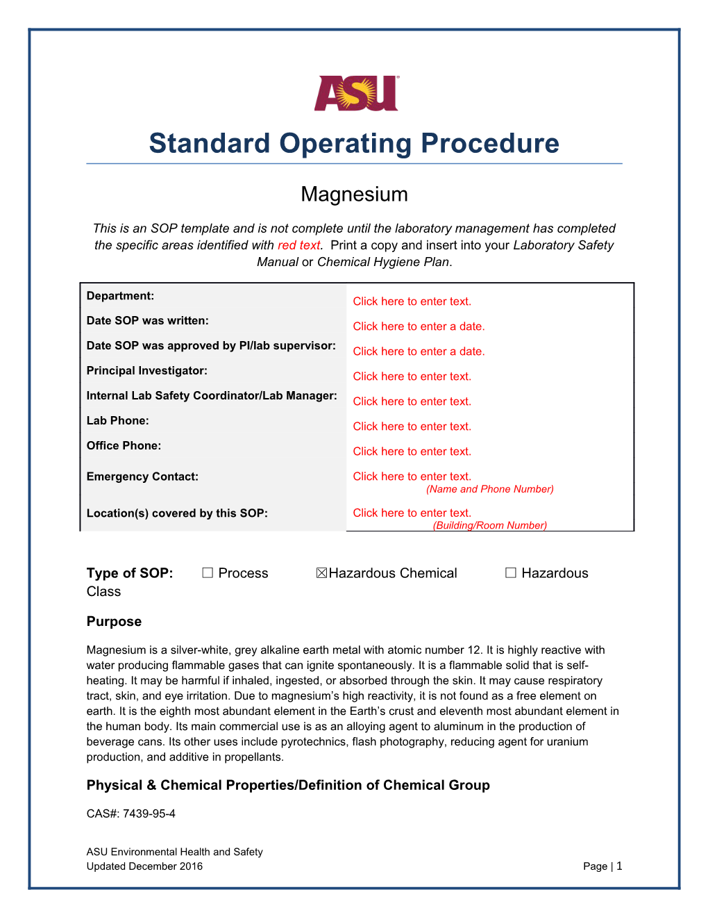 Type of SOP: Process Hazardous Chemical Hazardous Class s2