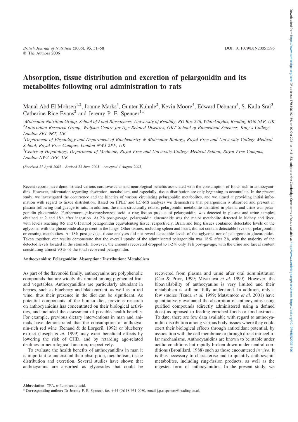 Absorption, Tissue Distribution and Excretion of Pelargonidin and Its Metabolites Following Oral Administration to Rats