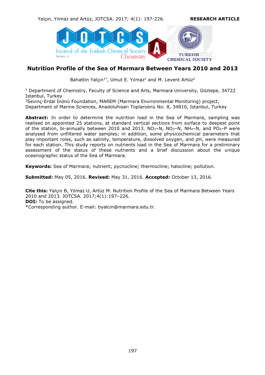 Nutrition Profile of the Sea of Marmara Between Years 2010 and 2013