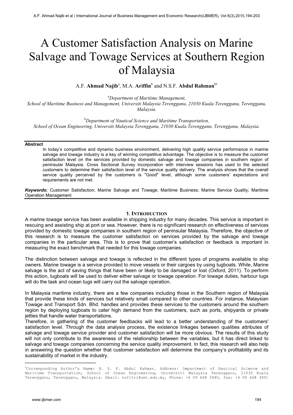 A Customer Satisfaction Analysis on Marine Salvage and Towage Services at Southern Region of Malaysia