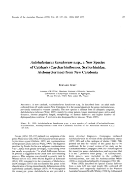 &lt;I&gt;Aulohalaelurus Kanakorum&lt;/I&gt; N.Sp., a New Species of Catshark (Carcharhiniformes, Scyliorhinidae, Atelomycterinae