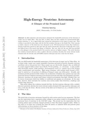 High-Energy Neutrino Astronomy Arxiv:1402.2096V1 [Astro-Ph.IM] 10