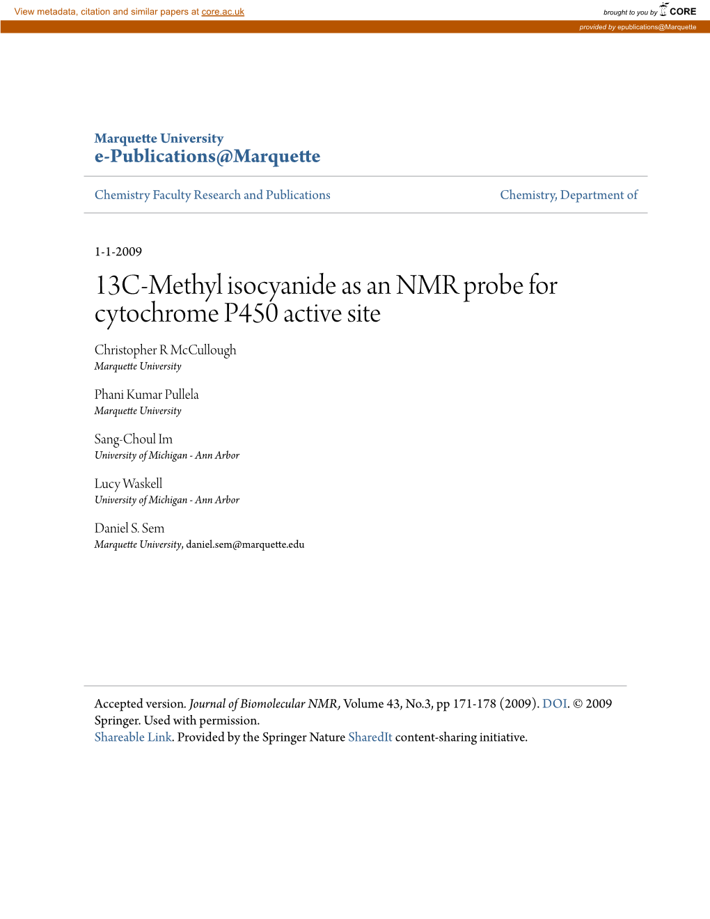 13C-Methyl Isocyanide As an NMR Probe for Cytochrome P450 Active Site Christopher R Mccullough Marquette University