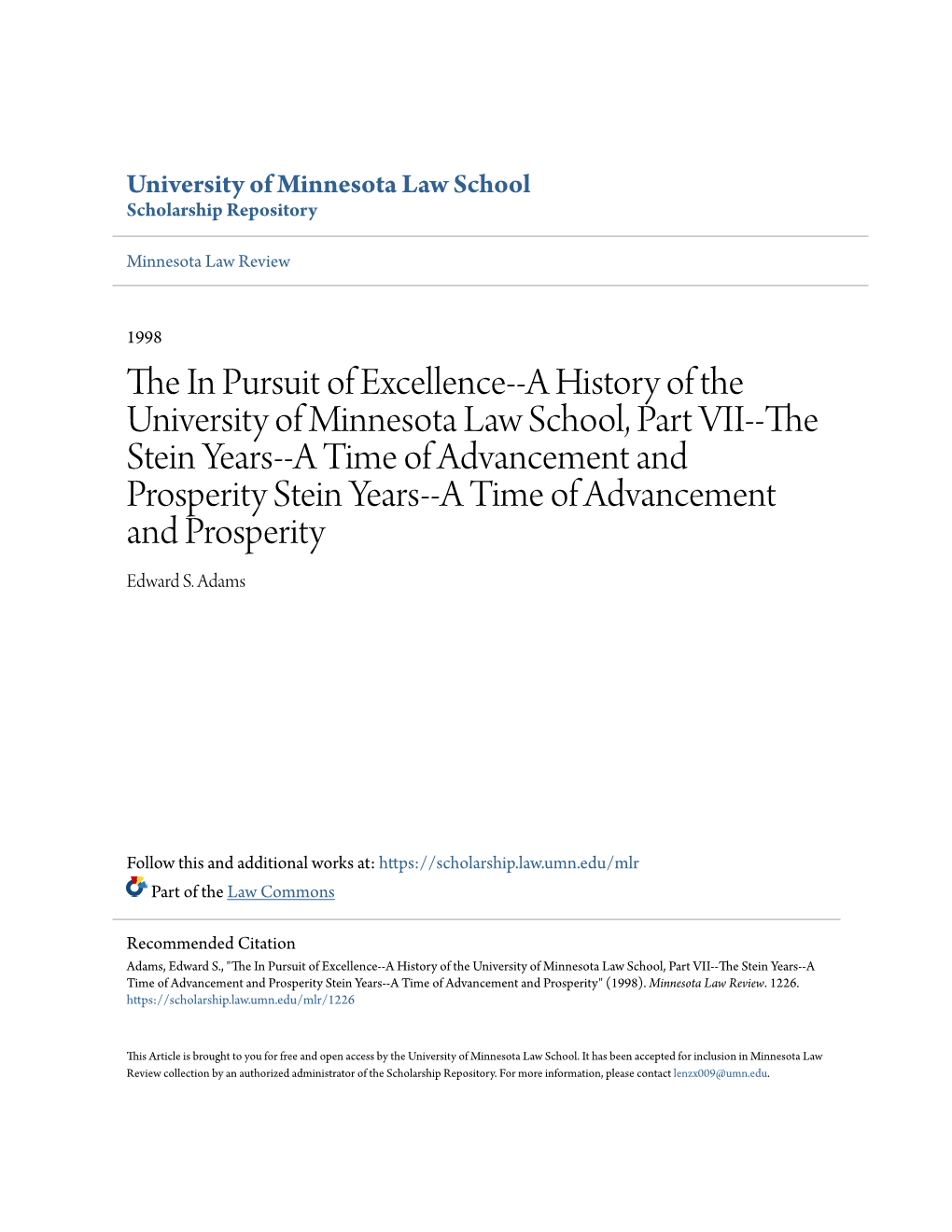 A History of the University of Minnesota Law School, Part