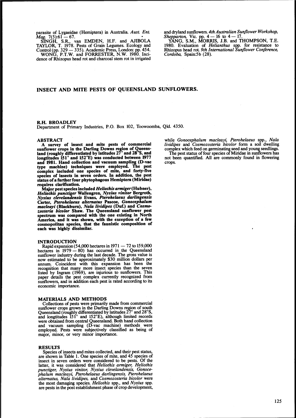 Rnsect and MITE PESTS of QUEENSLAND SUNFLOWERS