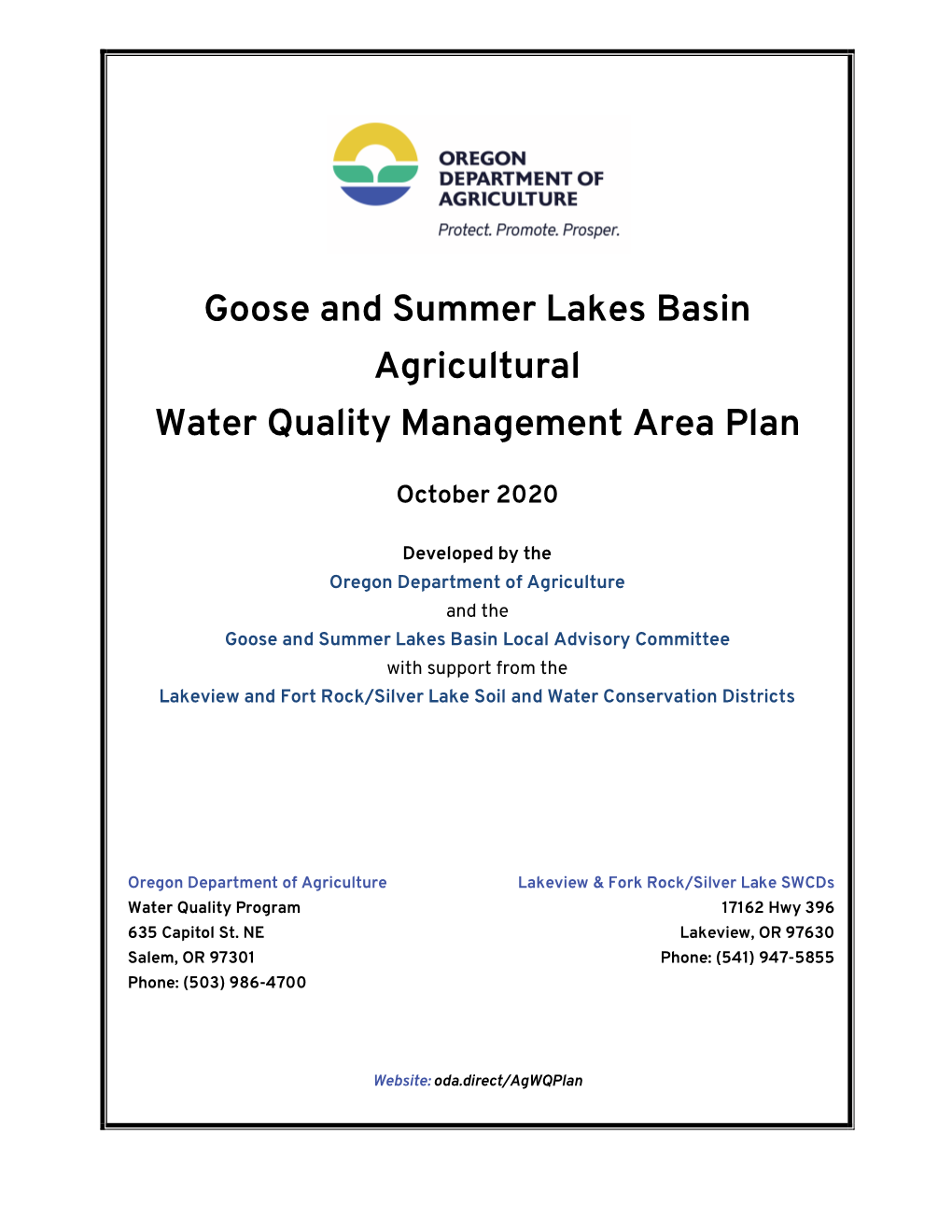 Goose and Summer Lakes Basin Agricultural Water Quality Management Area Plan