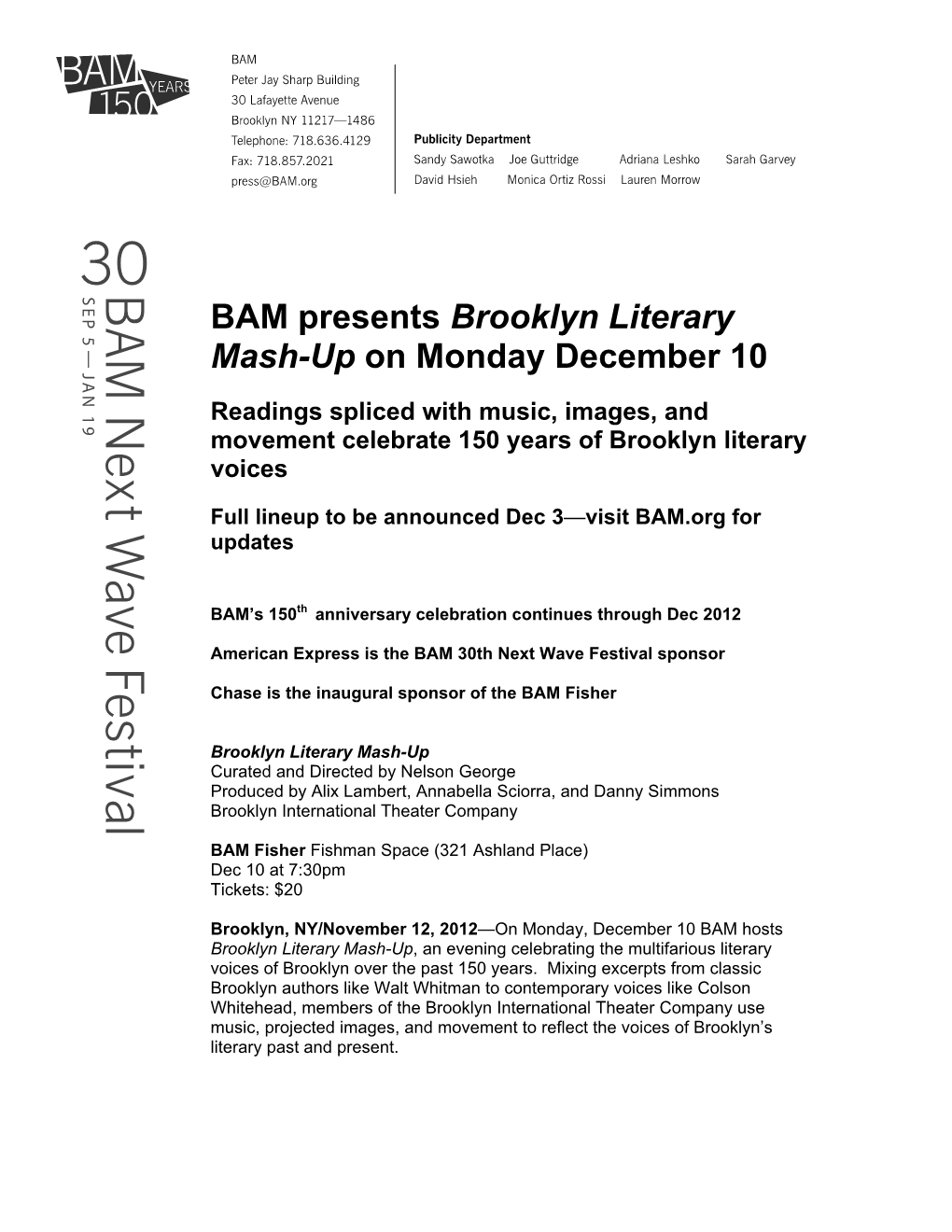 BAM Presents Brooklyn Literary Mash-Up on Monday December 10