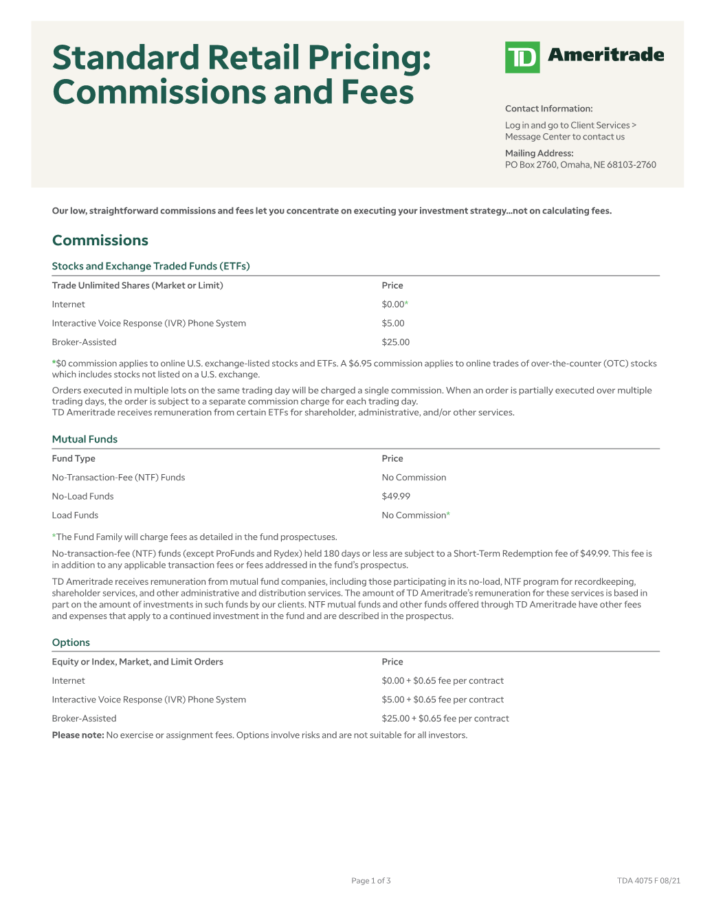 Standard Retail Pricing Commissions Fees-TDA 0821