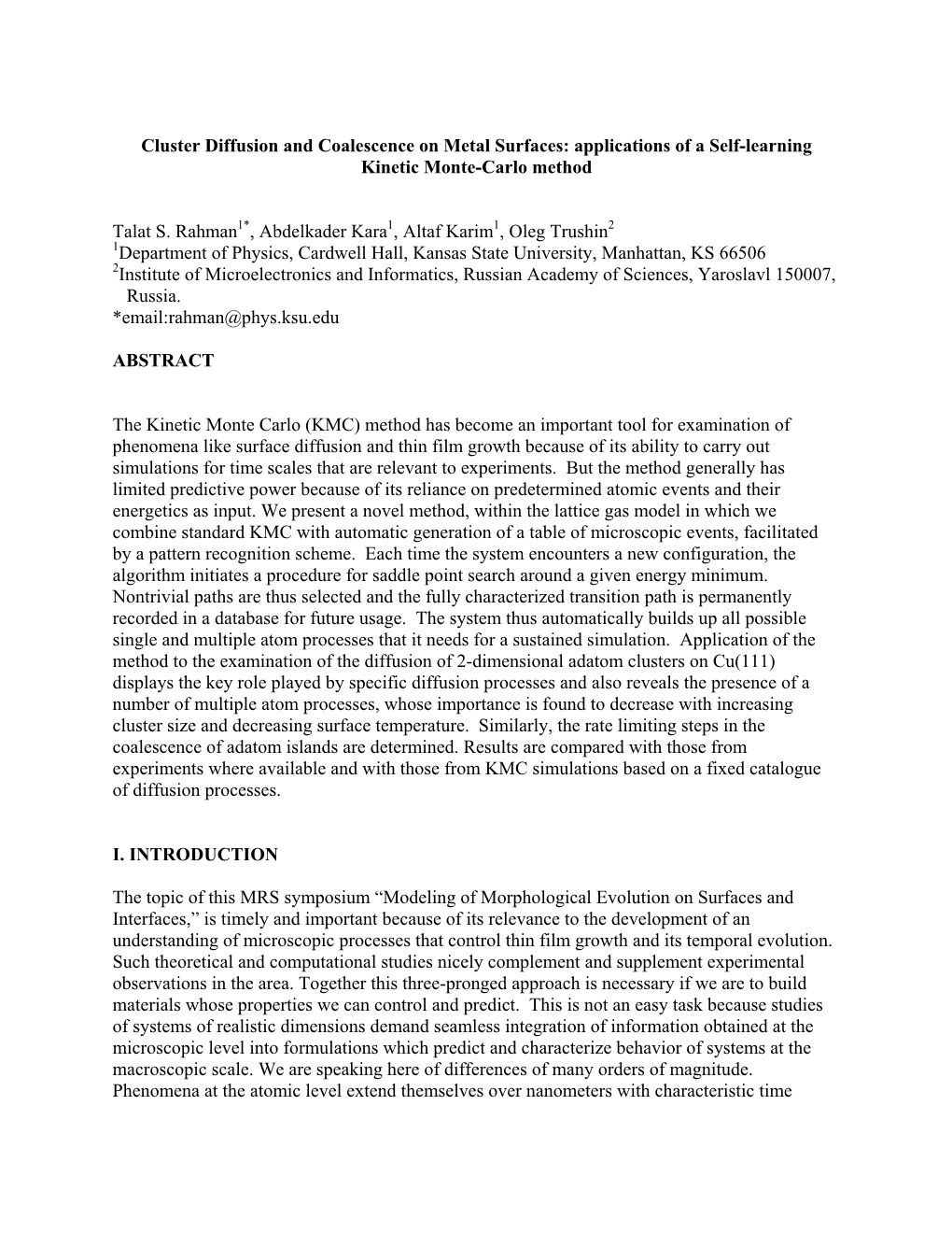 Cluster Diffusion and Coalescence on Metal Surfaces: Applications of a Self-Learning Kinetic Monte-Carlo Method