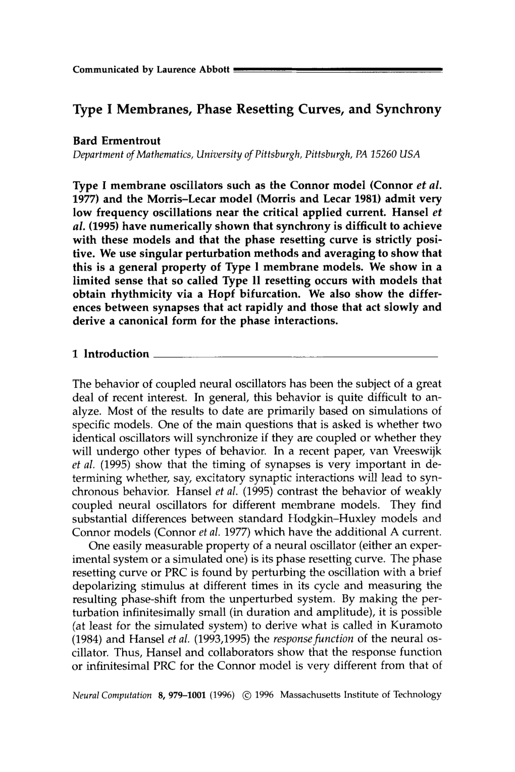 Type I Membranes, Phase Resetting Curves, and Synchrony