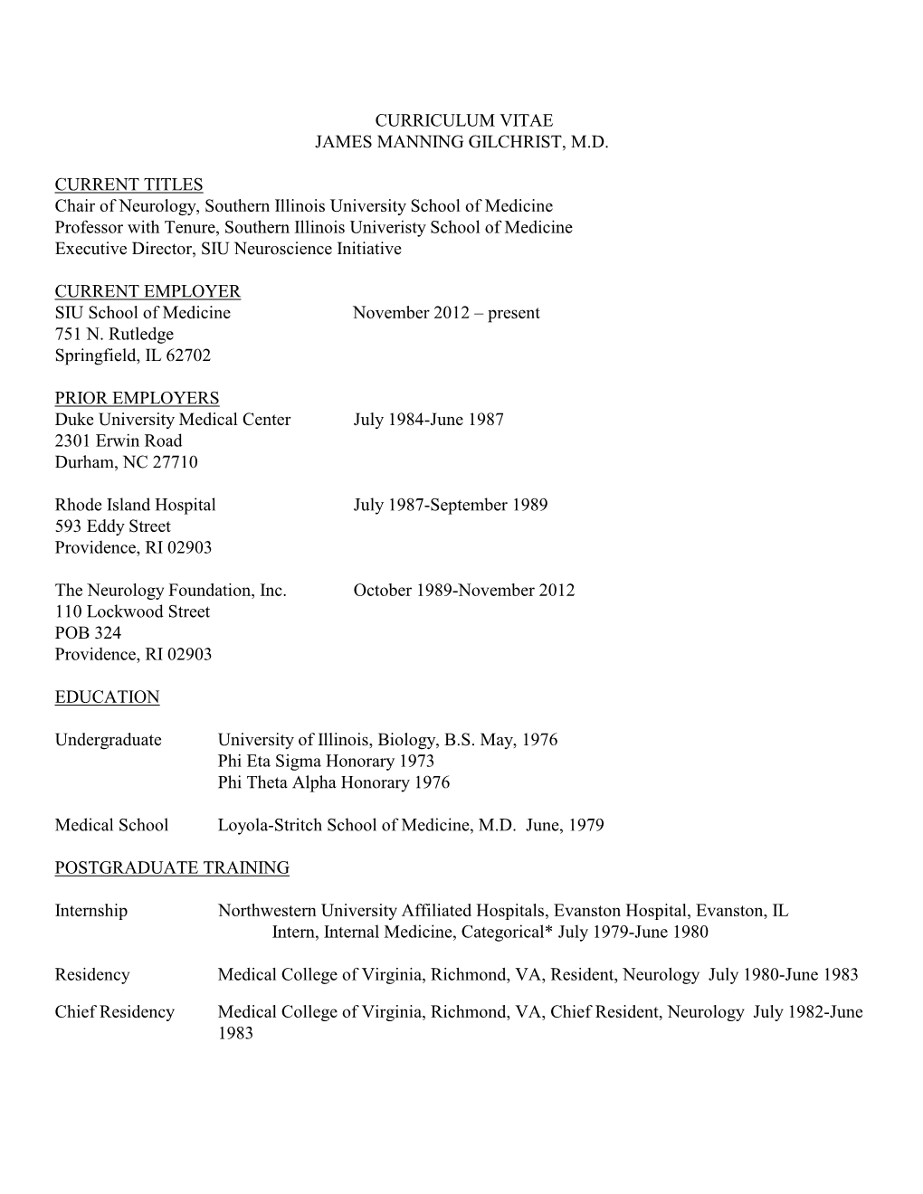 Curriculum Vitae James Manning Gilchrist, M.D