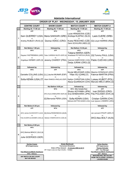 Adelaide International ORDER of PLAY - WEDNESDAY, 15 JANUARY 2020