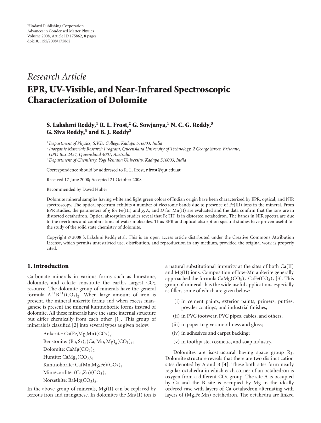 EPR, UV-Visible, and Near-Infrared Spectroscopic Characterization of Dolomite