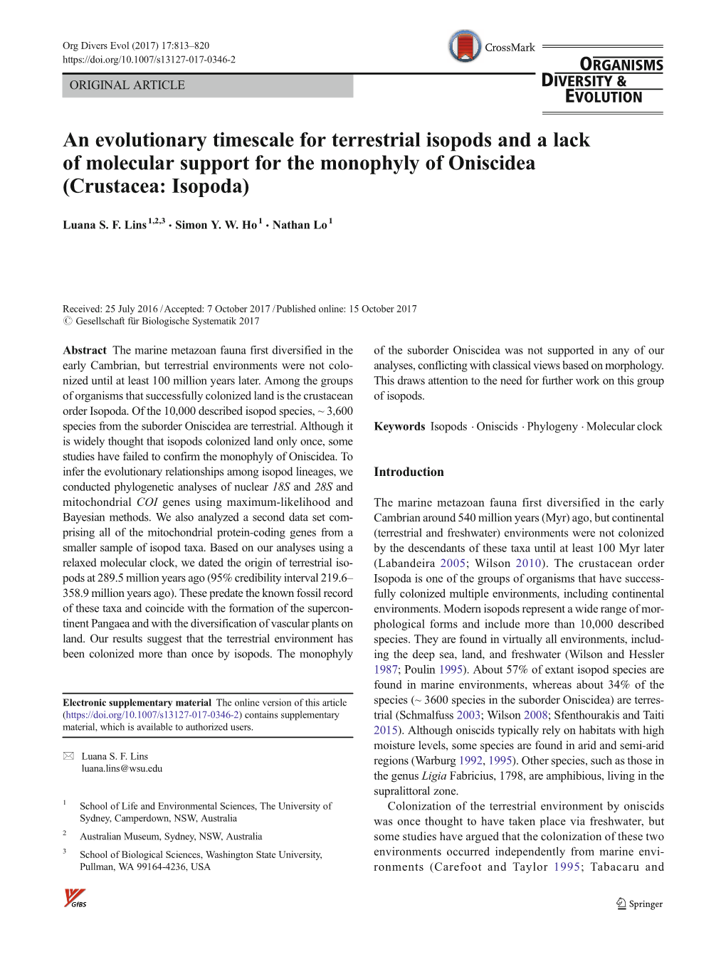 An Evolutionary Timescale for Terrestrial Isopods and a Lack of Molecular Support for the Monophyly of Oniscidea (Crustacea: Isopoda)