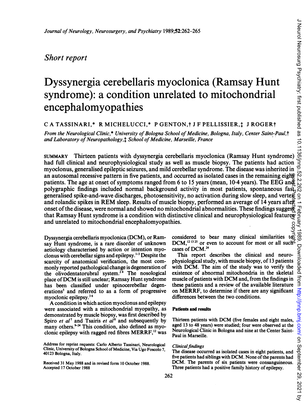 Ramsay Hunt Syndrome): a Condition Unrelated to Mitochondrial Encephalomyopathies