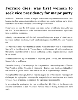 Ferraro Dies; Was First Woman to Seek Vice Presidency for Major Party